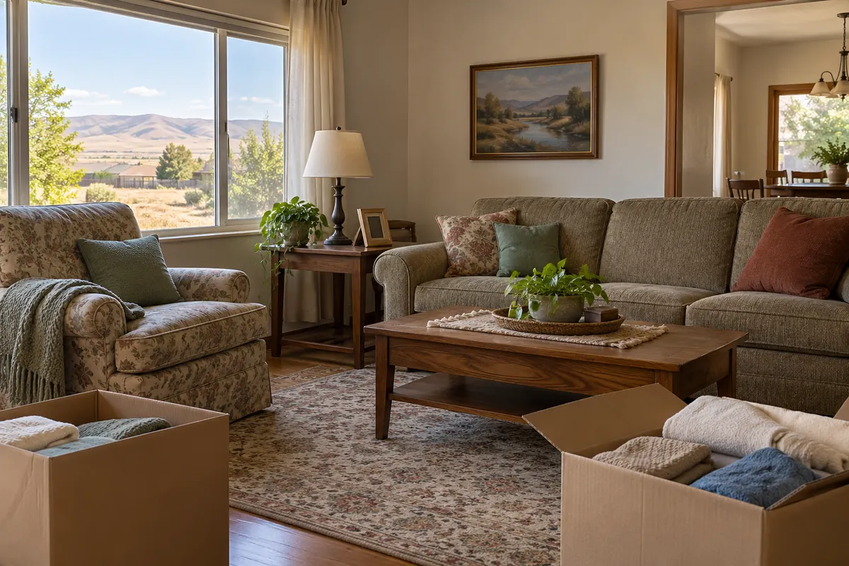 Living room of an older family home with a few packed boxes