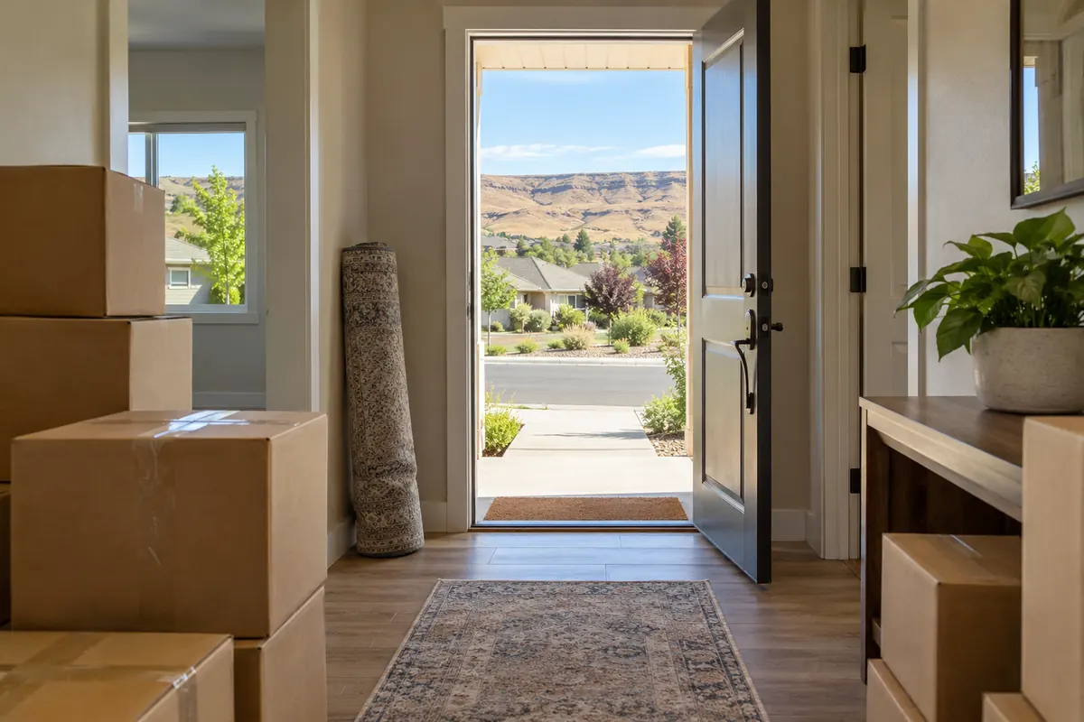 Moving boxes stacked by the front door of a house